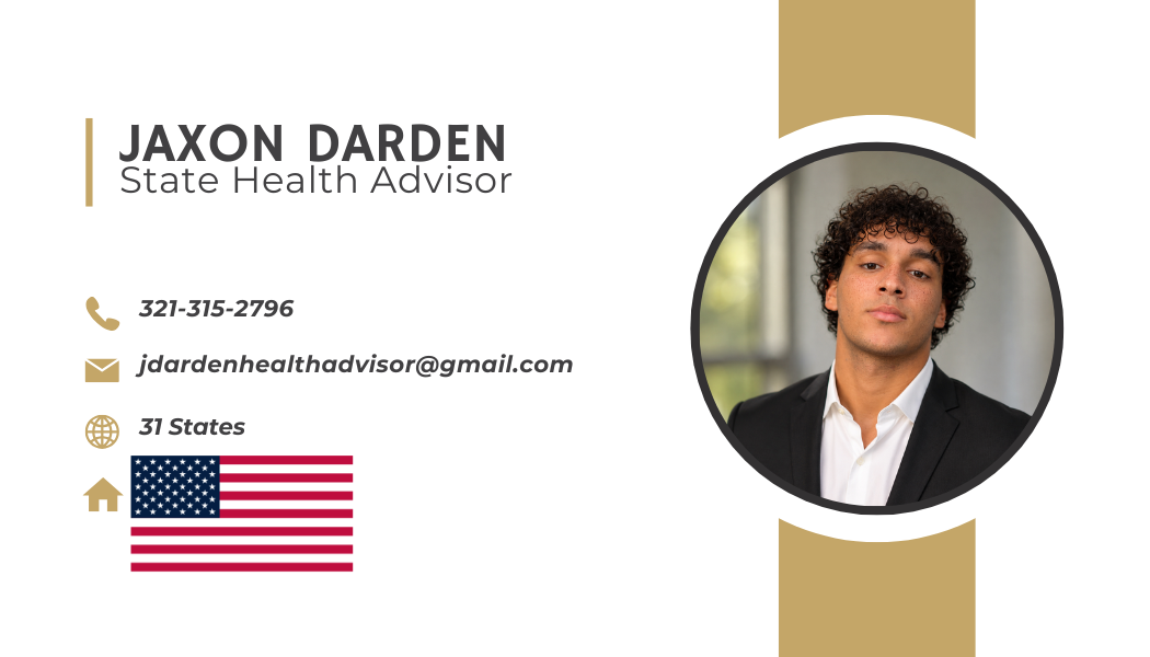 Jaxon Darden — State Health Advisor business card with phone 321-315-2796 and email jdardenhealthadvisor@gmail.com