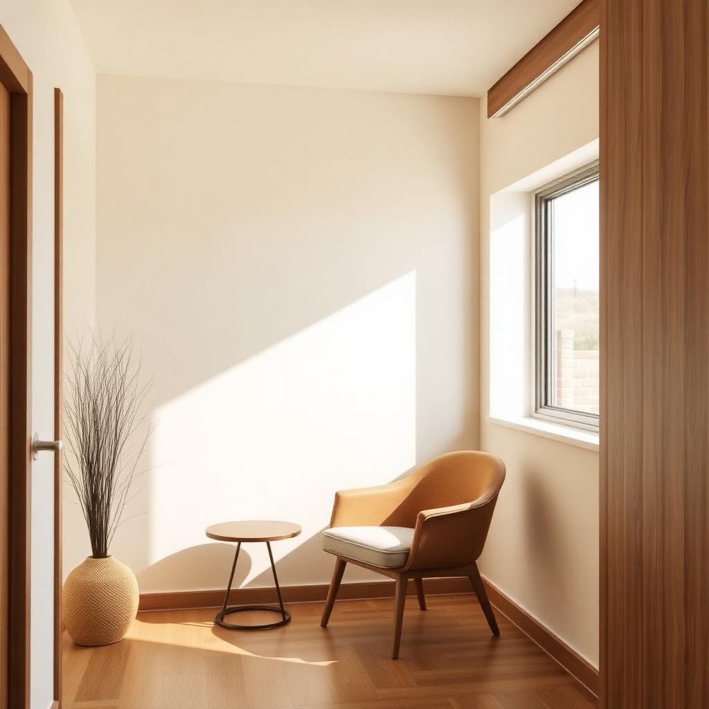 Sunlit minimalist consultation room with warm wooden accents