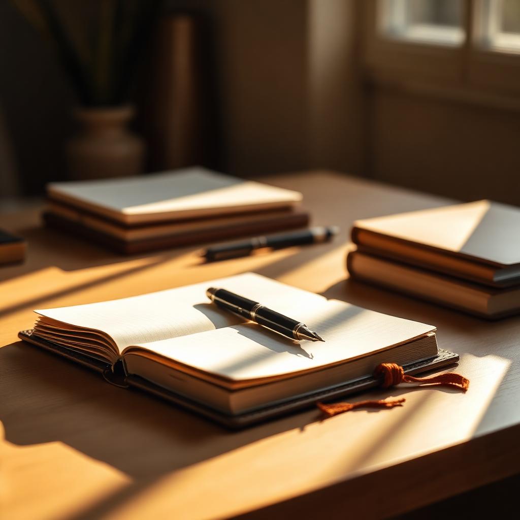 Open notebook and fountain pen on a sunlit desk